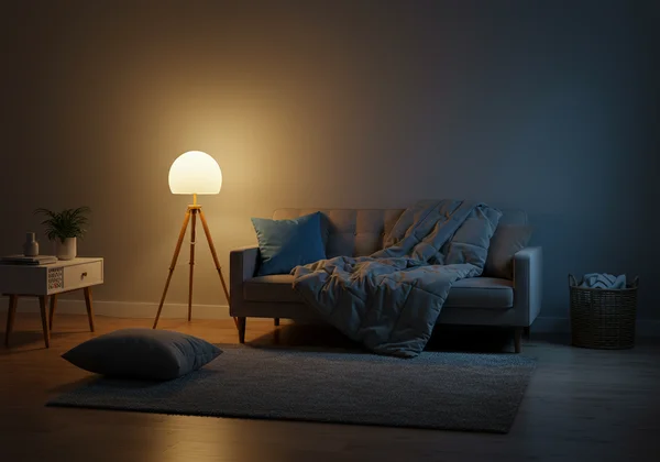 A calm, sensory-friendly living room with soft lighting.