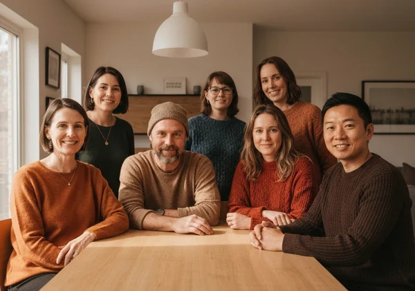 Diverse group of adults connecting, supportive community.