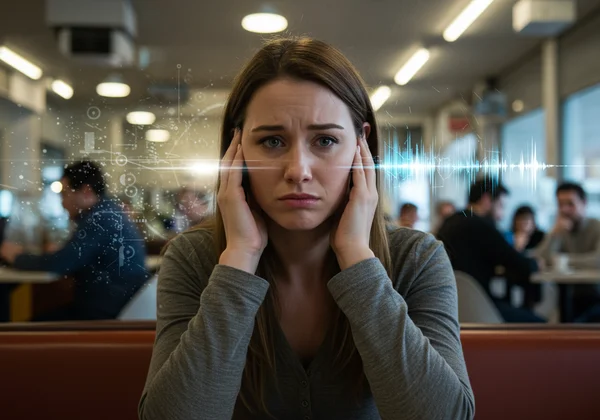 Woman overwhelmed by bright lights and loud sounds