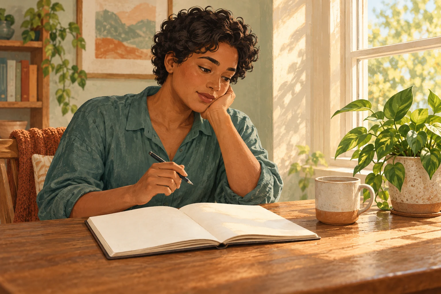 Adult reflecting on wording before a conversation